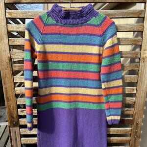 Vintage Hand Knit Rainbow Sweater Dress • 70s Striped Knit Mod Dress • Boho Colo